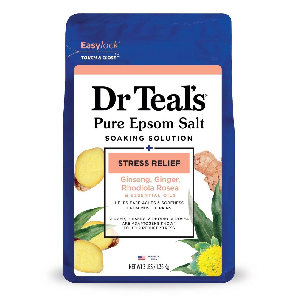 Dr Teal's Pure Epsom Salt Soaking Solution + Stress Relief | Ginseng, Ginger, Rhodiola Rosea & Essential Oils